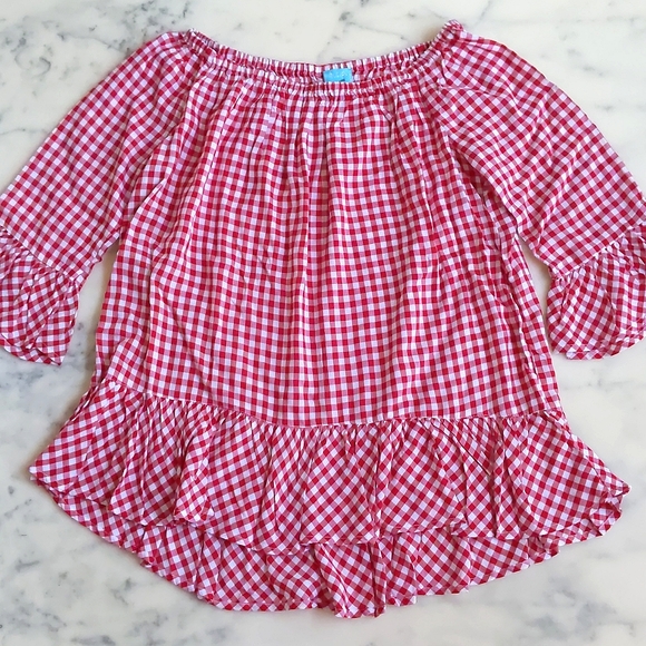 NWOT. 100% Viscose Red and White Plaid Loose Fit Blouse with ruffle edges. - Picture 3 of 5